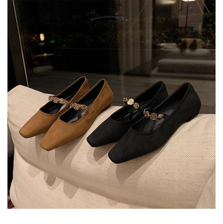 Damen Ballerinas Spitze Wildleder Schnalle Schwarz - Norvielle