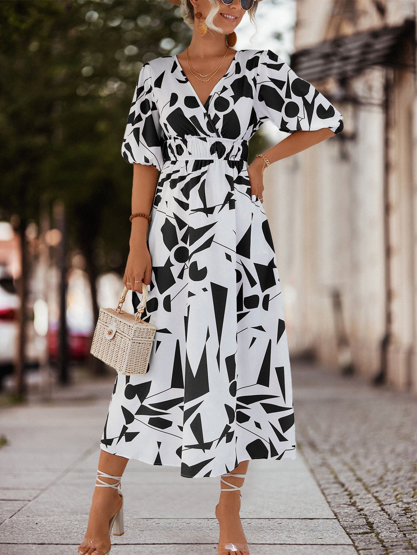 Damen Midikleid Geometrisches Muster Elastisch