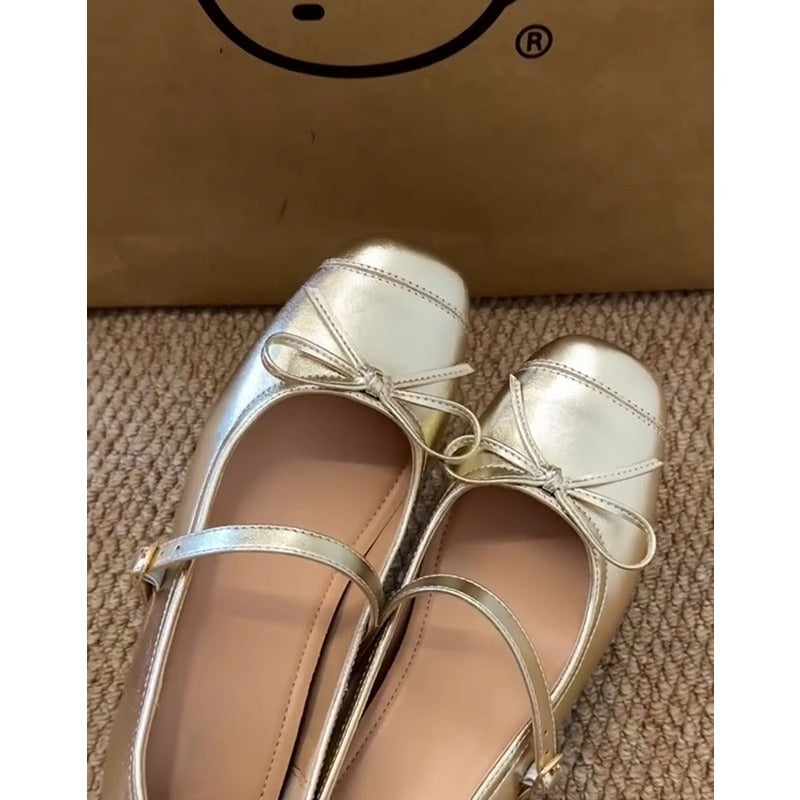 Damen Ballerinas Metallic Schleifen Design Silber