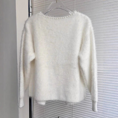 Damen Strickjacke Flauschig Perlen Verzierung