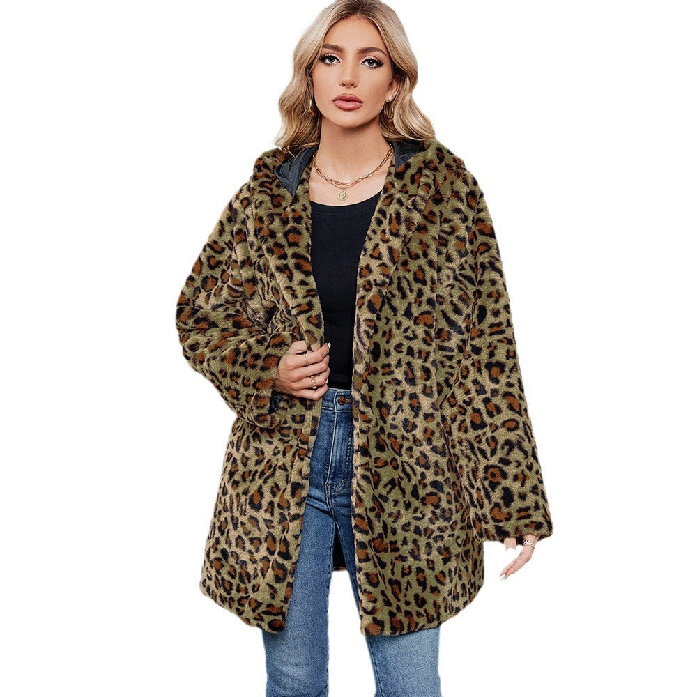 Damen Plüschmantel Leopardenmuster Weich Warm