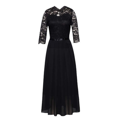 Damen Abendkleid Langärmlig Spitze Chiffon Maxikleid