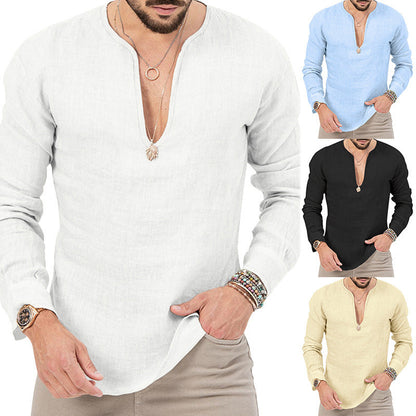 Herren Leinenhemd Leicht V-Ausschnitt Sommer Beige - Norvielle