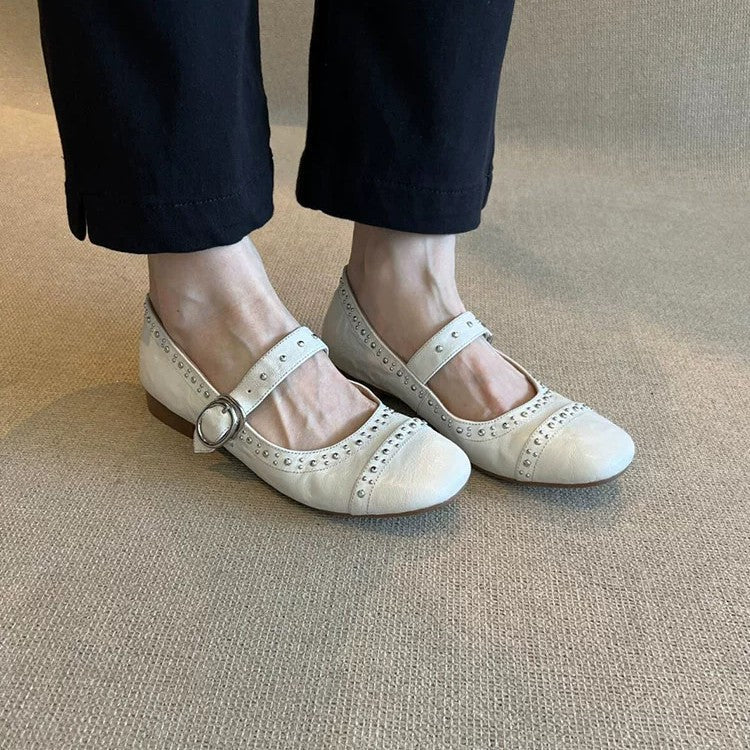 Damen Ballerinas mit Schnalle und Nieten Modern