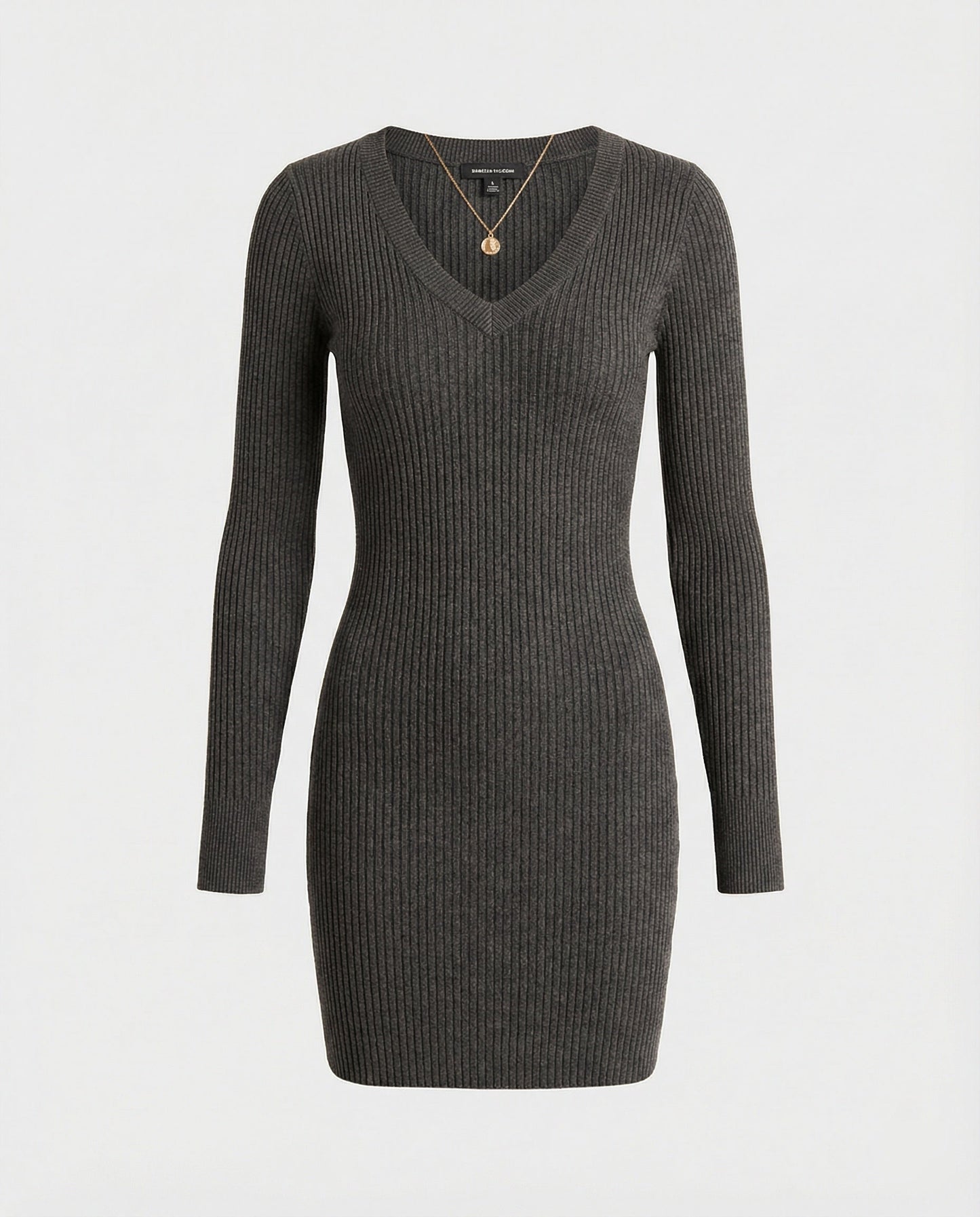 Damen Figurbetontes Kleid Rippstrick Langarm V-Ausschnitt