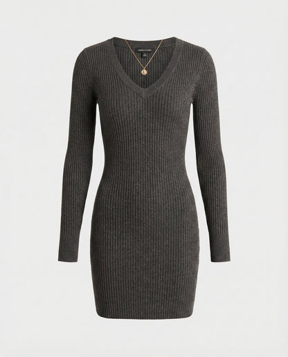 Damen Figurbetontes Kleid Rippstrick Langarm V-Ausschnitt