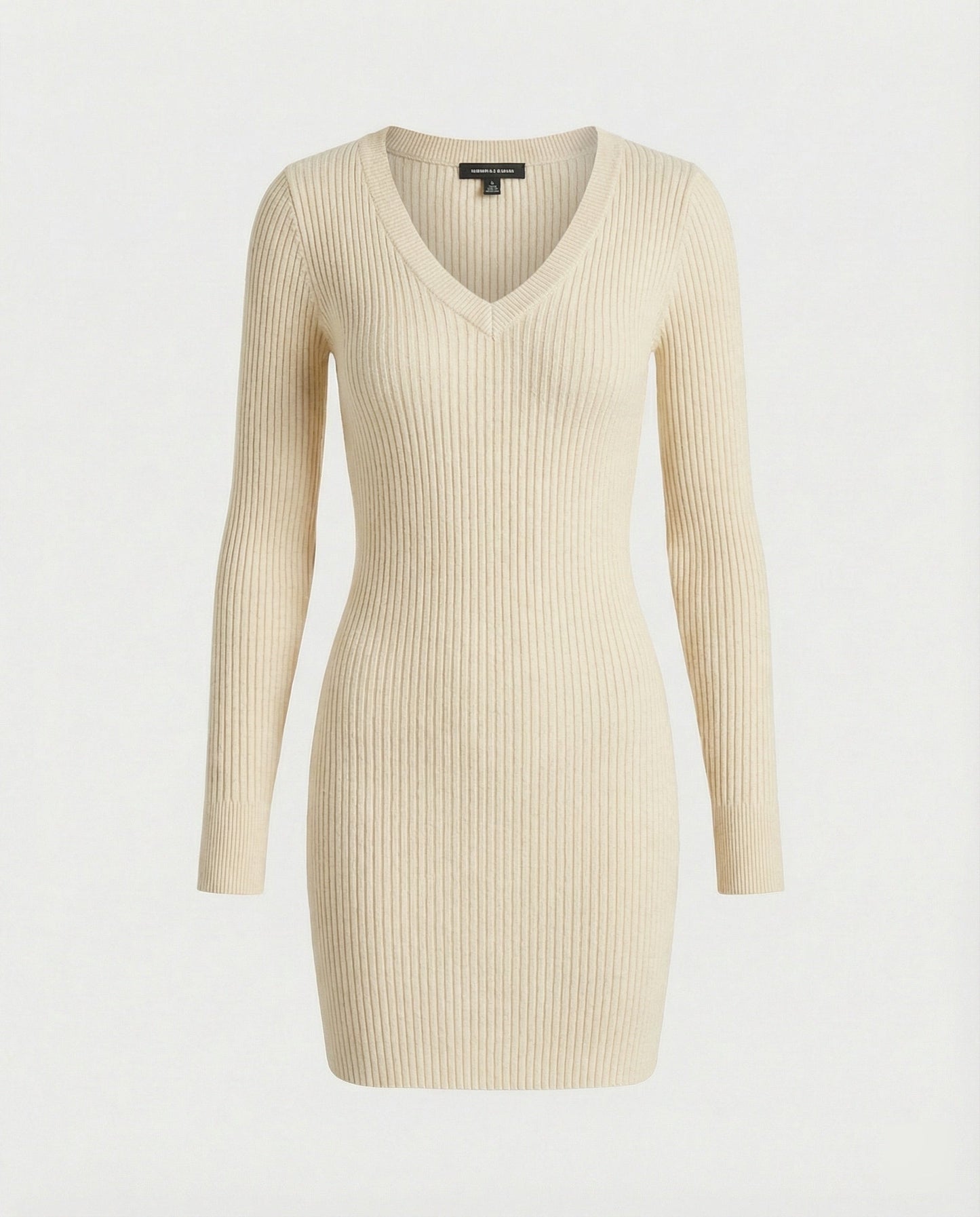 Damen Figurbetontes Kleid Rippstrick Langarm V-Ausschnitt