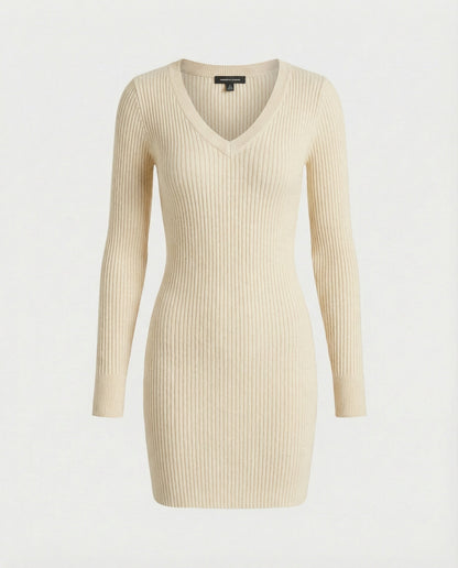 Damen Figurbetontes Kleid Rippstrick Langarm V-Ausschnitt