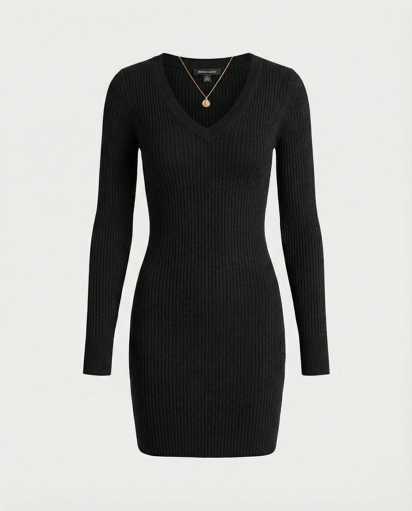 Damen Figurbetontes Kleid Rippstrick Langarm V-Ausschnitt