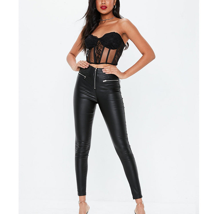 Damen Leggings Lederoptik Stretch Schwarz - Norvielle