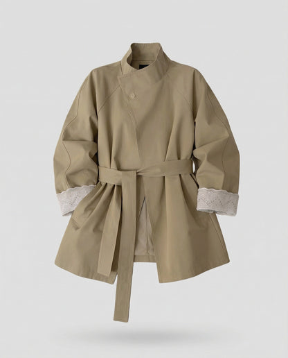 Damen Trenchcoat Tailliert Spitze Stehkragen