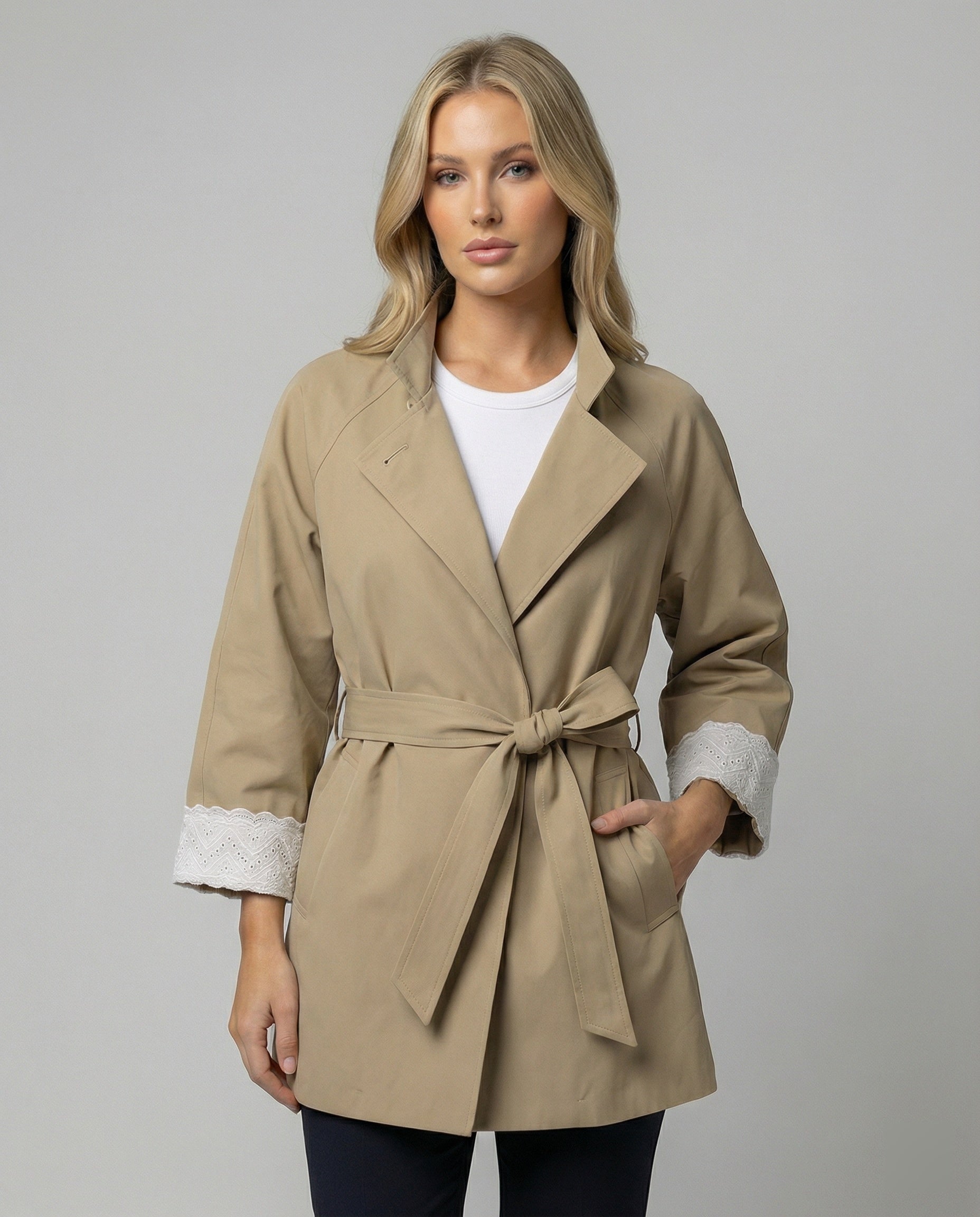 Damen Trenchcoat Tailliert Spitze Stehkragen Schwarz - Norvielle