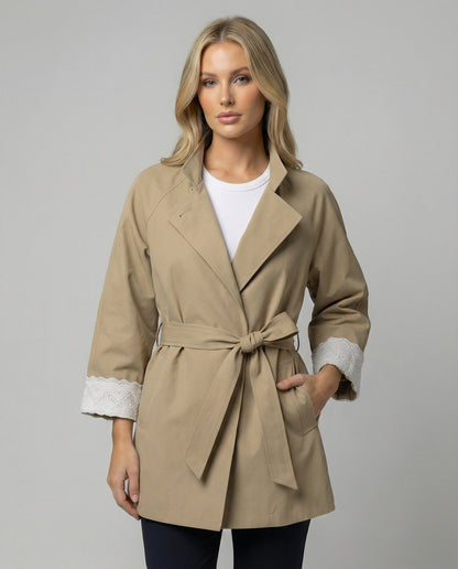 Damen Trenchcoat Tailliert Spitze Stehkragen Schwarz - Norvielle