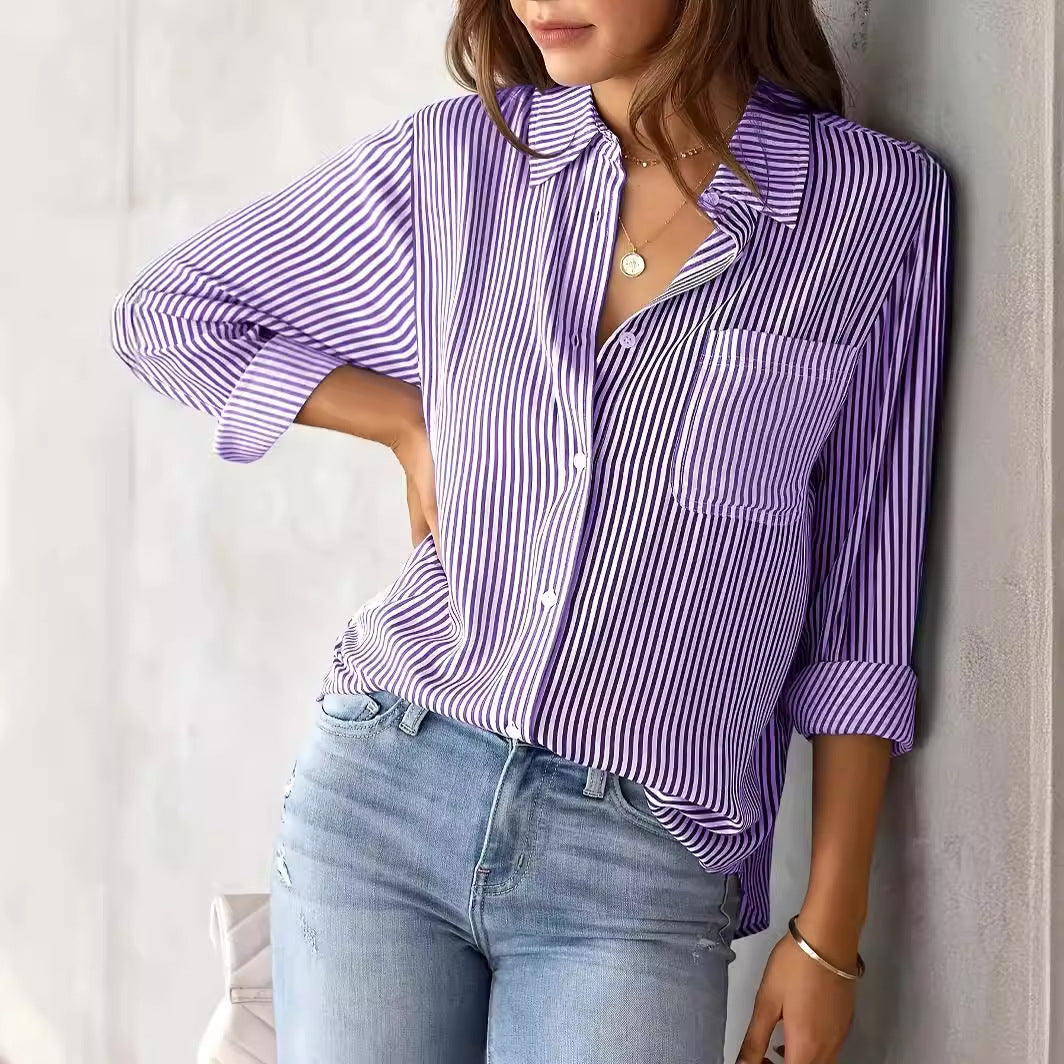 Damen Bluse Lässig Mit Streifenoptik Und Brusttasche