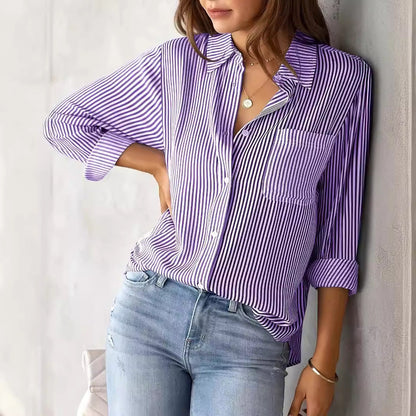 Damen Bluse Lässig Mit Streifenoptik Und Brusttasche