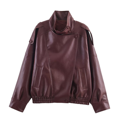 Damen Lederjacke Modern Kragen Taschen