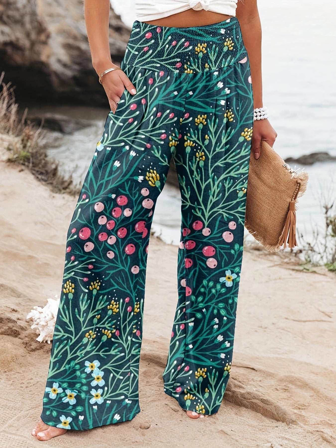 Damen Strandhose Bequem Elastisch Floral