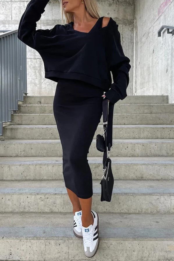 Damen Pullover Set mit Midi Rock aus Kaschmir Casual