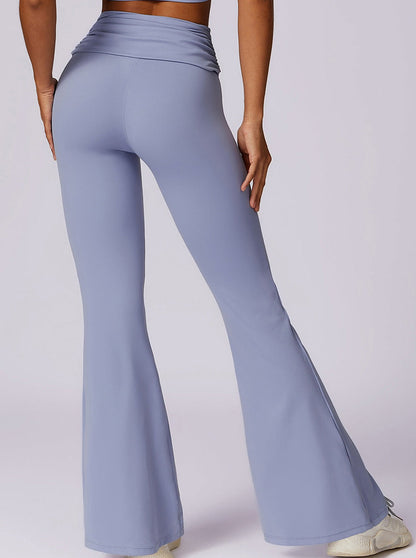 Damen High-Waist Flare Leggings Blau mit Faltbund - Norvielle