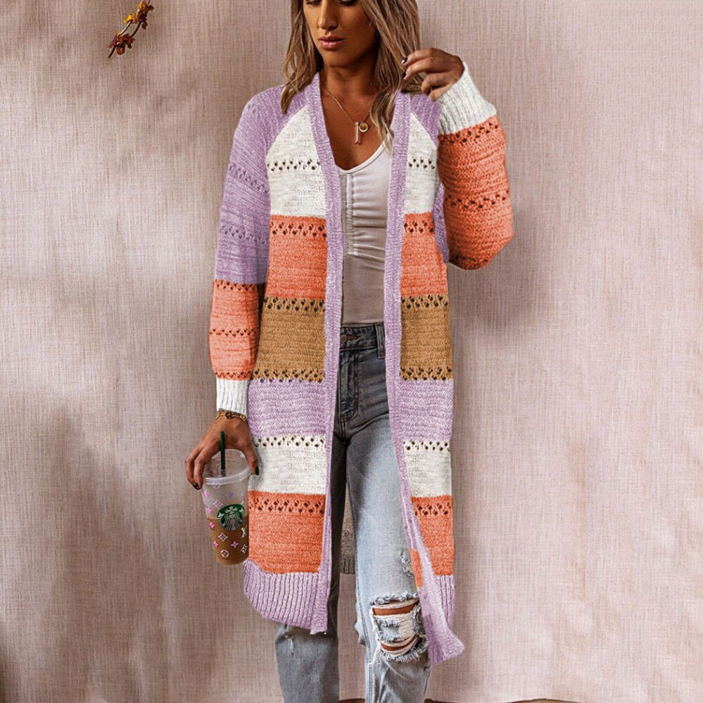 Damen Strickjacke Lang Streifenmuster Offen