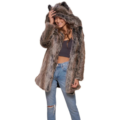 Damen Faux-Fur-Mantel Warm Kapuze Ohrenschützer