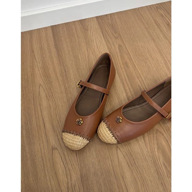 Damen Ballerinas Schuhe Bast Akzent Riemenverschluss Elegantes Design