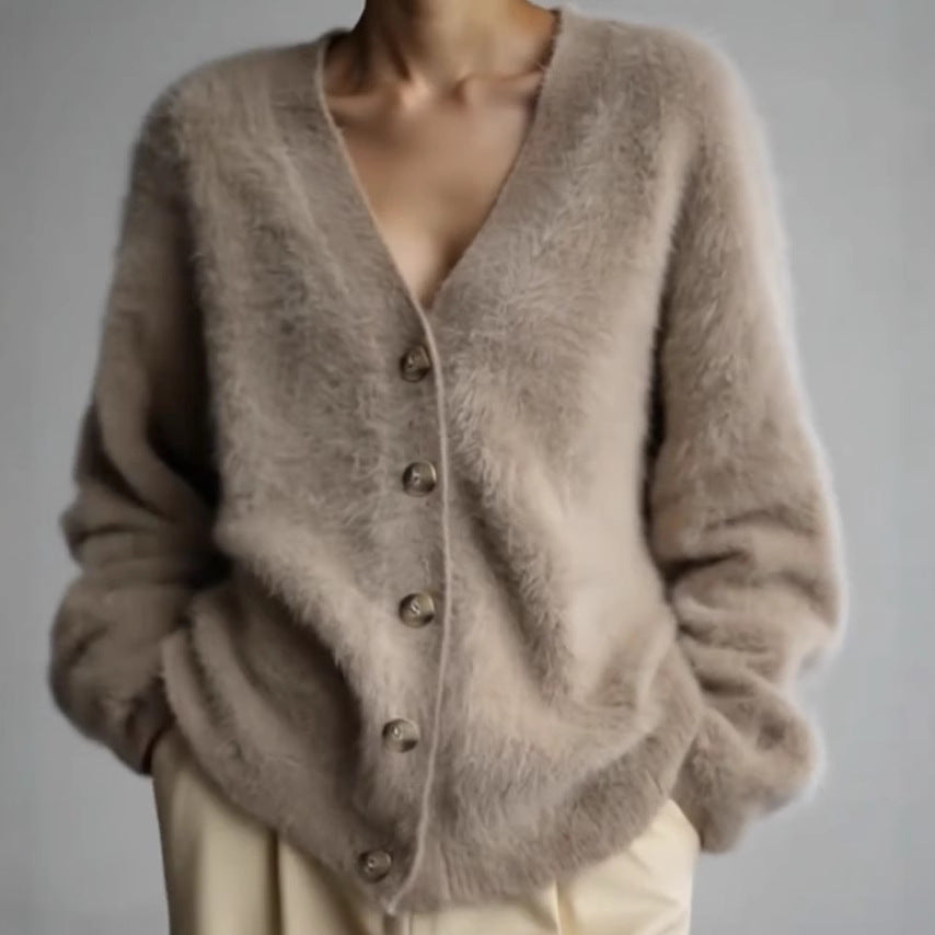 Damen Strickjacke V-Ausschnitt Flauschig Große Knöpfe