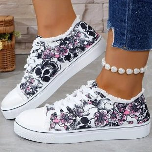 Damen Sneaker mit Floralem Skull-Design Weich