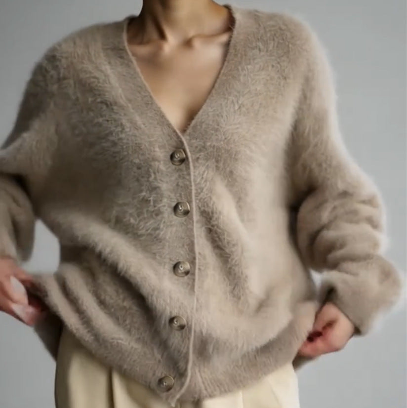 Damen Strickjacke V-Ausschnitt Flauschig Große Knöpfe
