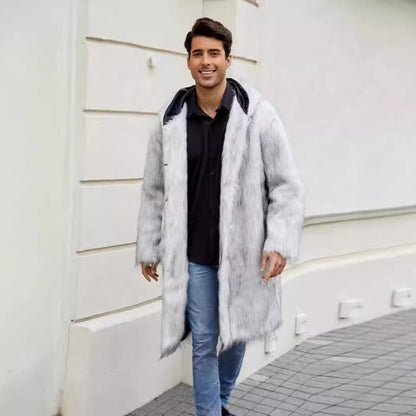 Herren Kunstfellmantel mit Kapuze Wintermantel Schwarz - Norvielle
