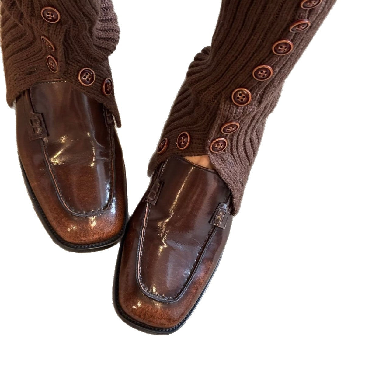 Damen Mokassins Leder Knöpfchen Verschluss Elegante