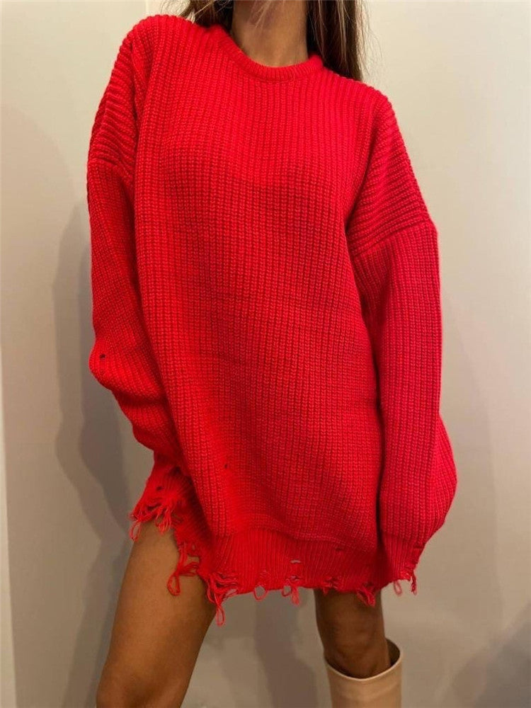 Damen Langkleid Strick Rundhals Lochmuster