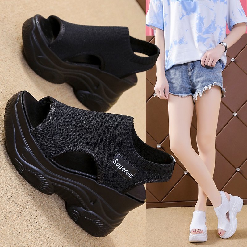 Damen Plateau Sandaletten Elastisch Schwarz - Norvielle