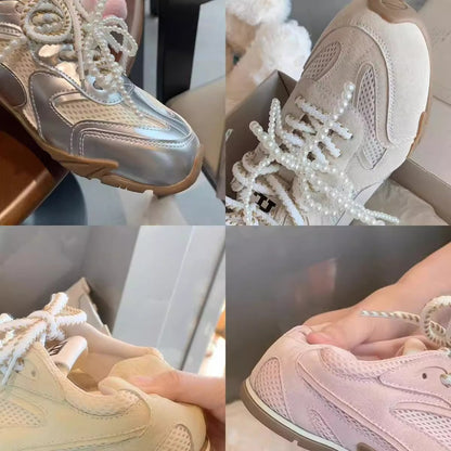 Damen Sneaker Sportlich Perlen Schnürsystem