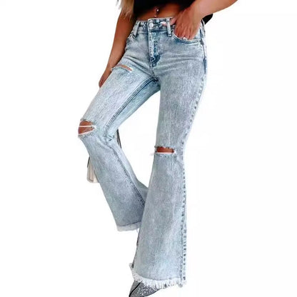 Damen Flare Jeans Ripped mit Fransen