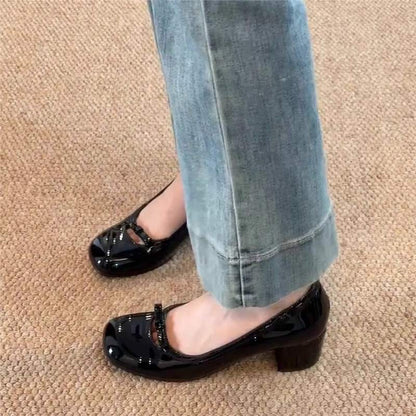 Damen Ballerinas Bequem Blüten Schnalle Blockabsatz