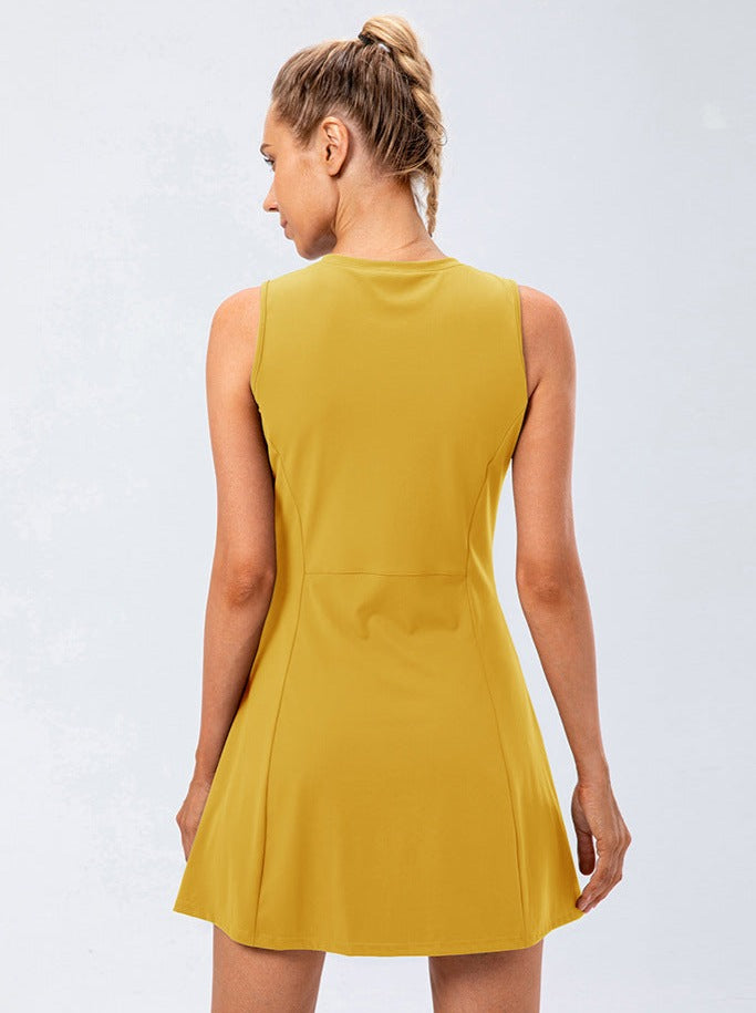 Gelbes Damen Tenniskleid A-Linie Ärmellos Sportlich Sommerkleid