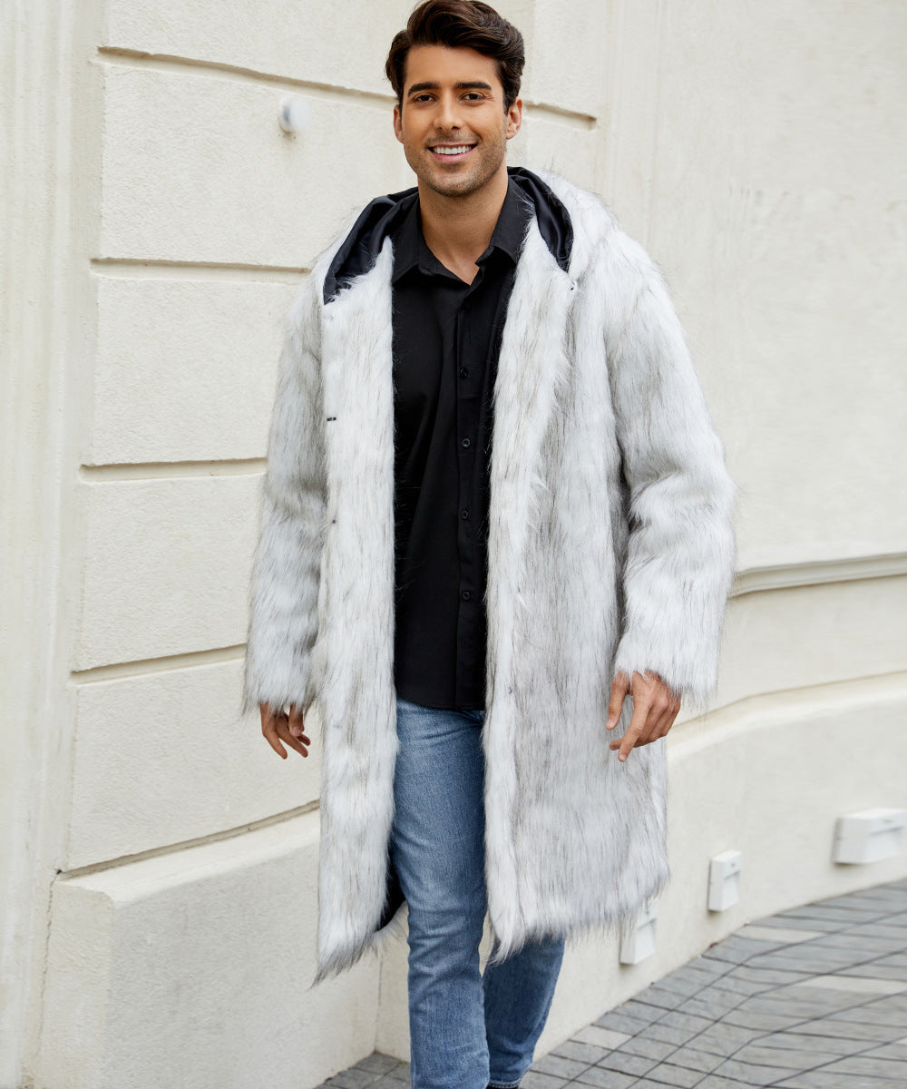 Herren Kunstfellmantel mit Kapuze Wintermantel