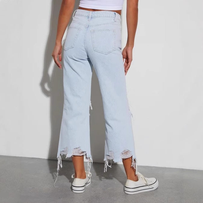 Damen Ripped Mom Jeans Rippen-Details Blau