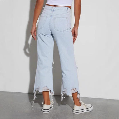 Damen Ripped Mom Jeans Rippen-Details Blau