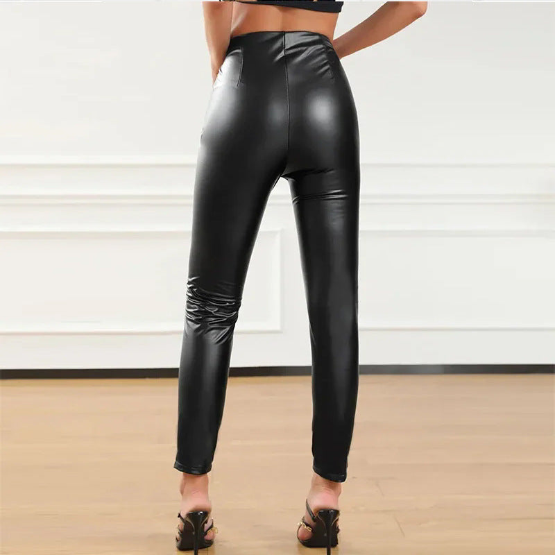 Damen Stretchhose Kunstleder Reißverschluss
