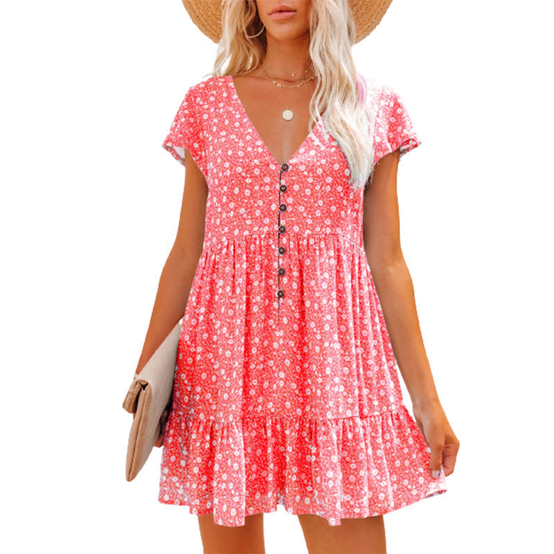 Damen Sommerkleid Blumenmuster Knöpfe Elegant