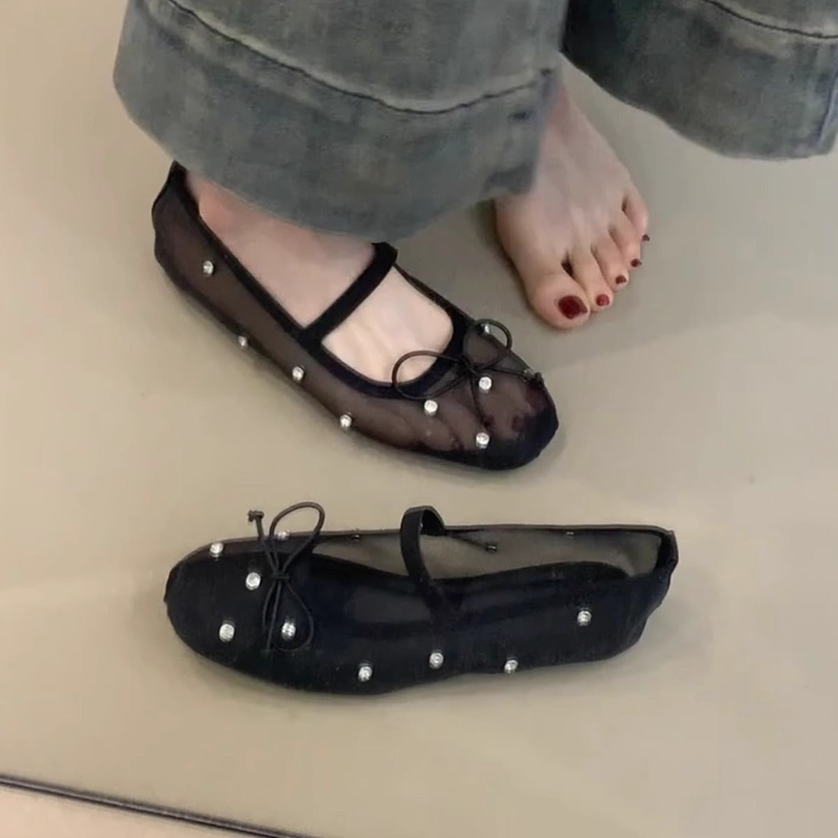 Damen Ballerinas Transparent mit Perlen Schmuck