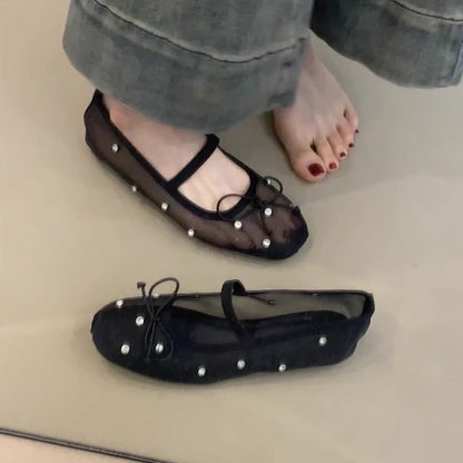 Damen Ballerinas Transparent mit Perlen Schmuck