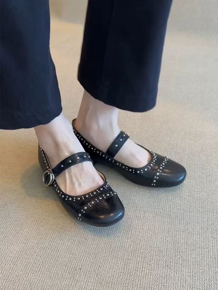Damen Ballerinas mit Schnalle und Nieten Modern