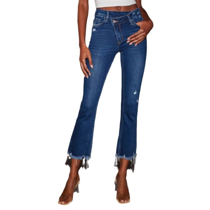 Damenjeans Bootcut mit Fransen Dunkelblau