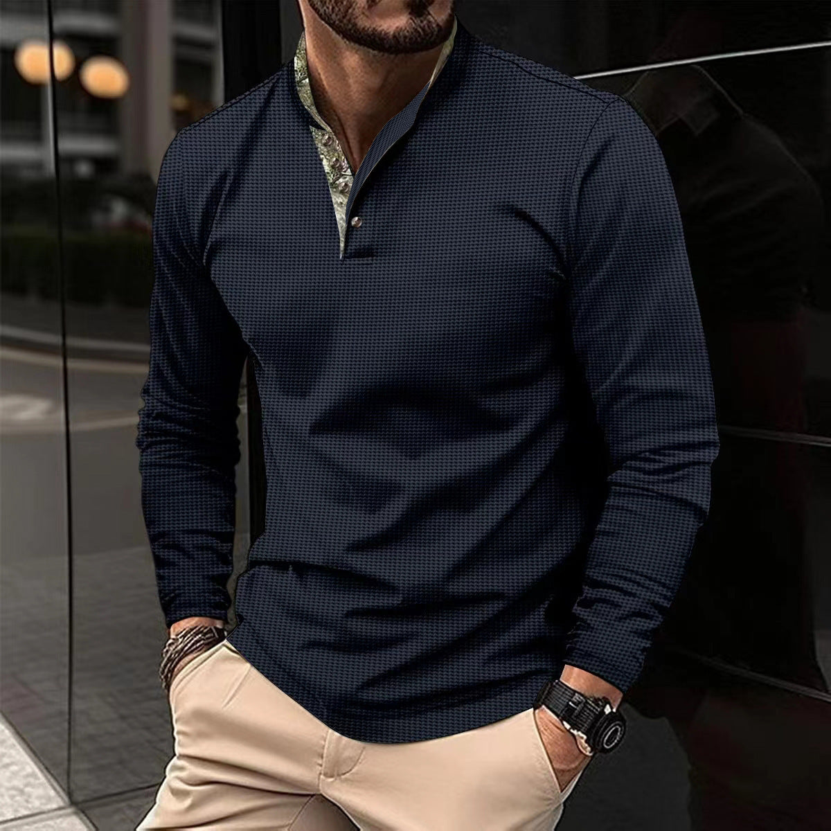 Herren Langarmhemd Stehkragen Elegantes Design Weiss