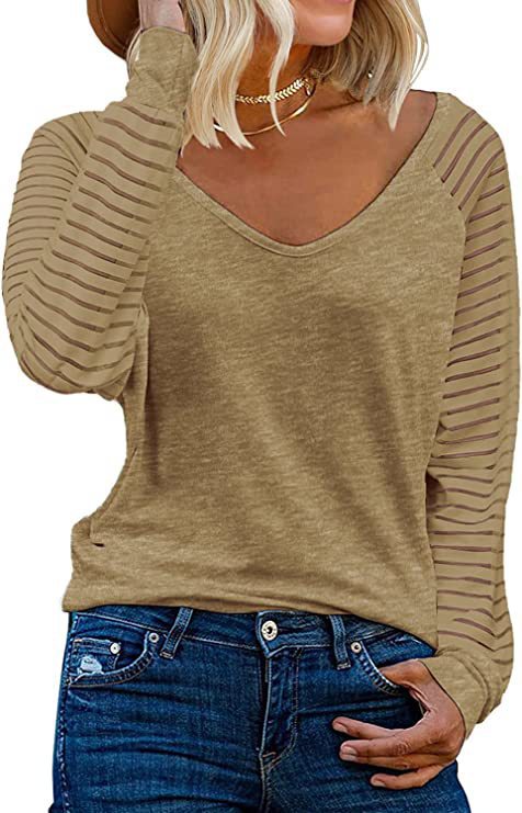Damen V-Ausschnitt Durchsicht Ärmel Trendy