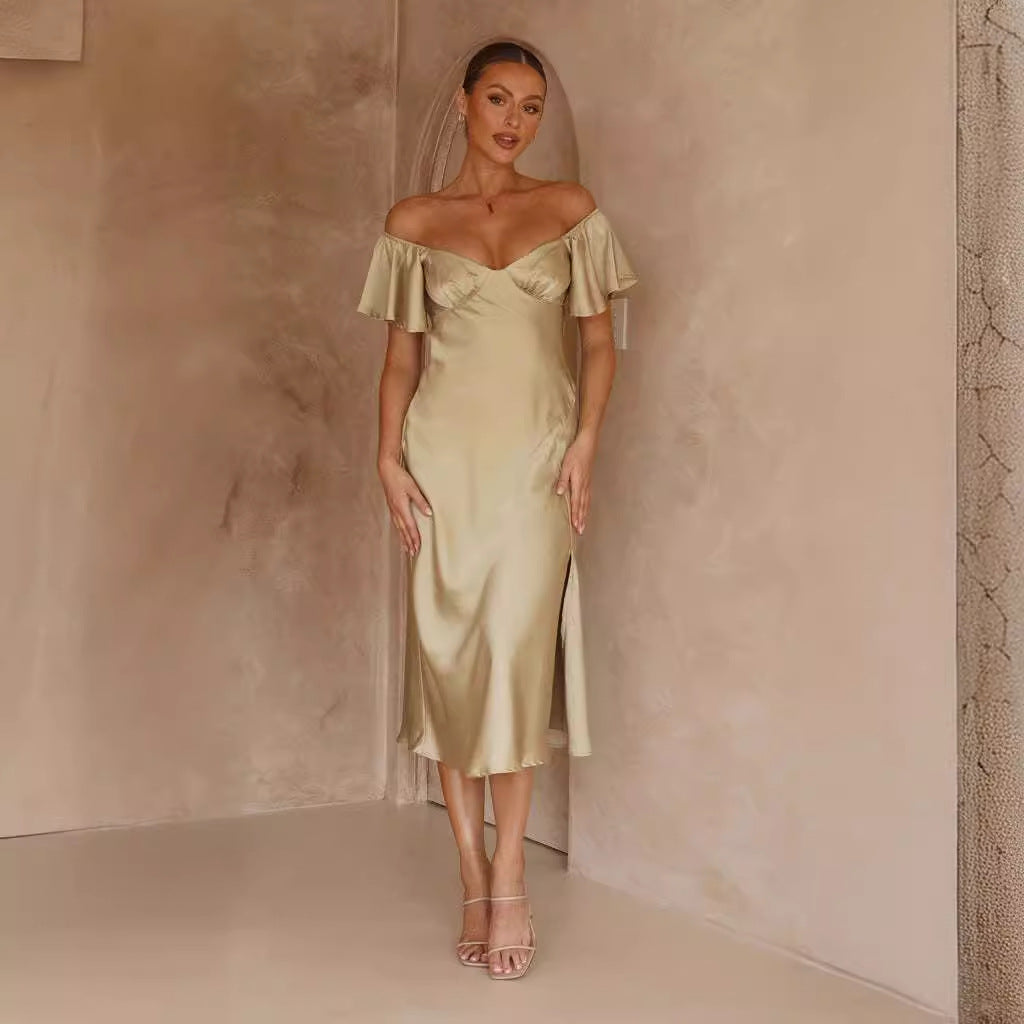 Damen Off-Shoulder Maxikleid Rüschen Elegant Schlitz