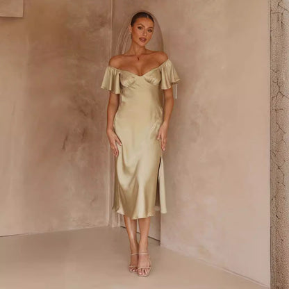 Damen Off-Shoulder Maxikleid Rüschen Elegant Schlitz